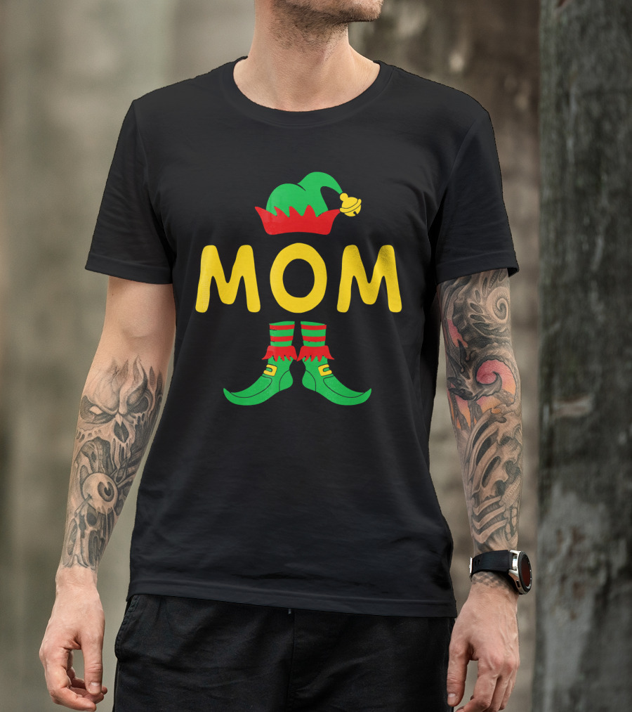 Mom Elf Funny Christmas Family Mat Festive Green And Red T-Shirt