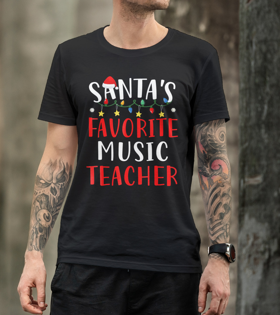 Santa's Favorite Music Teacher Holiday Lights And Stars T-Shirt
