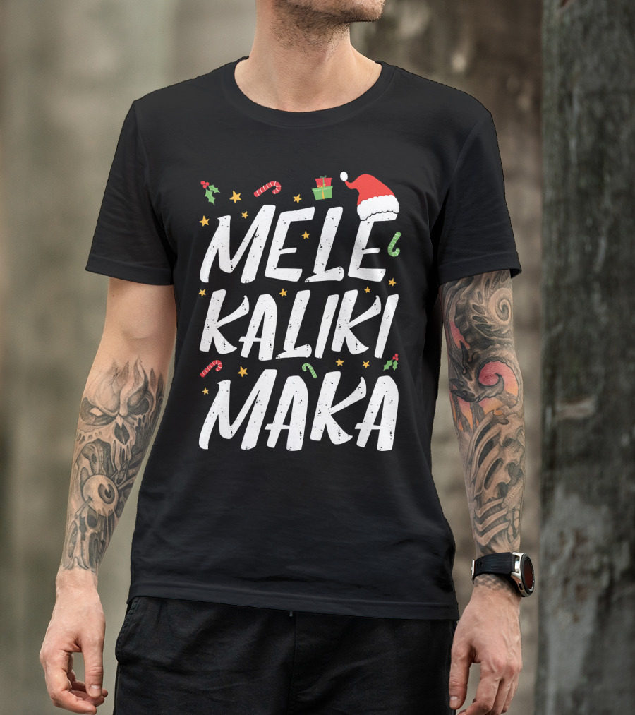 Mele Kalikimaka Christmas Hawaii Santa Hat Candy Canes Holly Presents T-Shirt