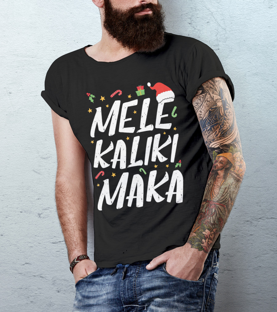 Mele Kalikimaka Christmas Hawaii Santa Hat Candy Canes Holly Presents T-Shirt