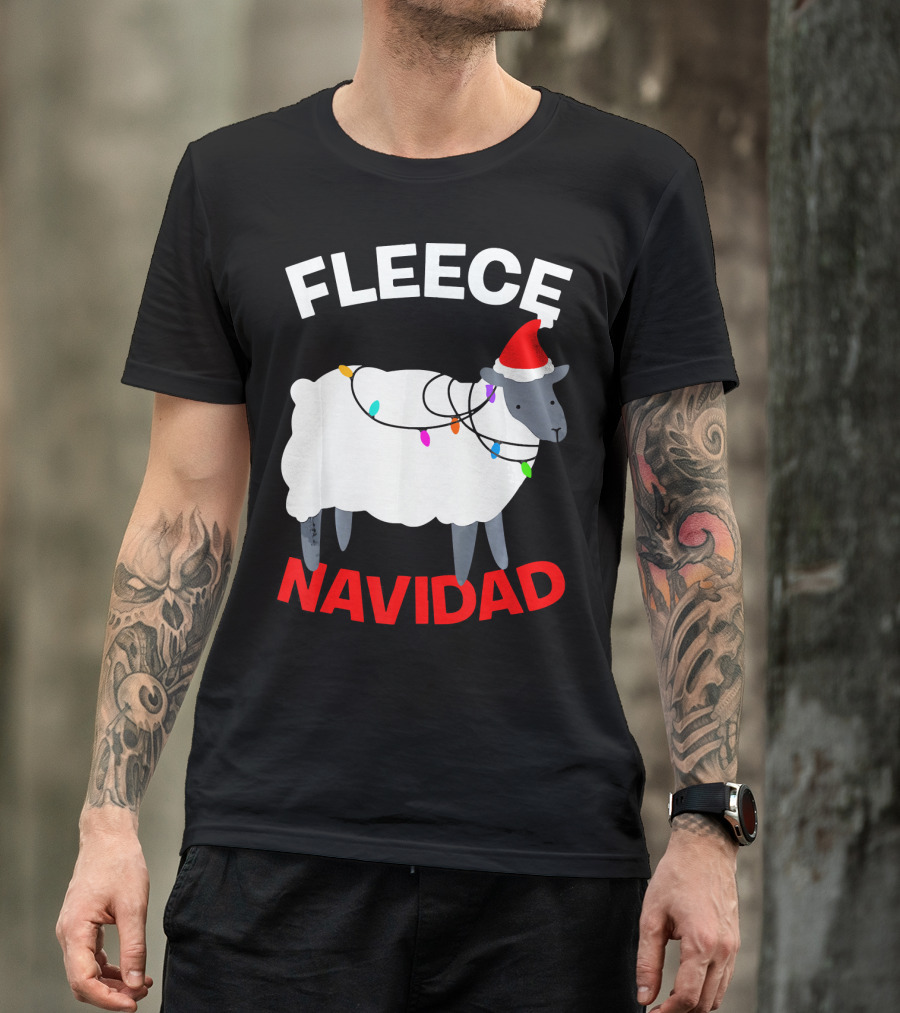 Fleece Navidad Funny Christmas Sheep Santa Hat Lights T-Shirt