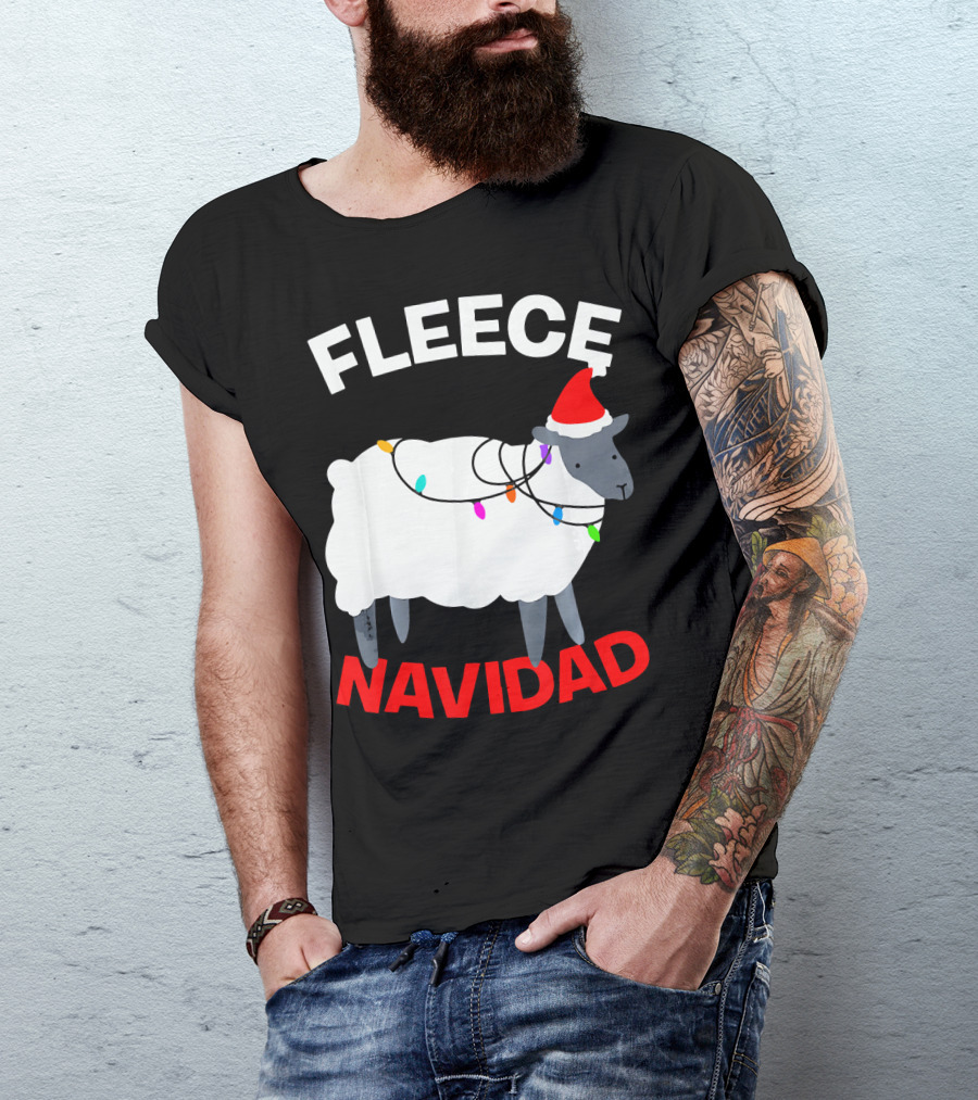 Fleece Navidad Funny Christmas Sheep Santa Hat Lights T-Shirt