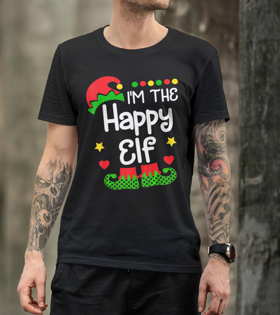 I'm The Happy Elf Christmas Hat Stars Hearts Dots T-Shirt