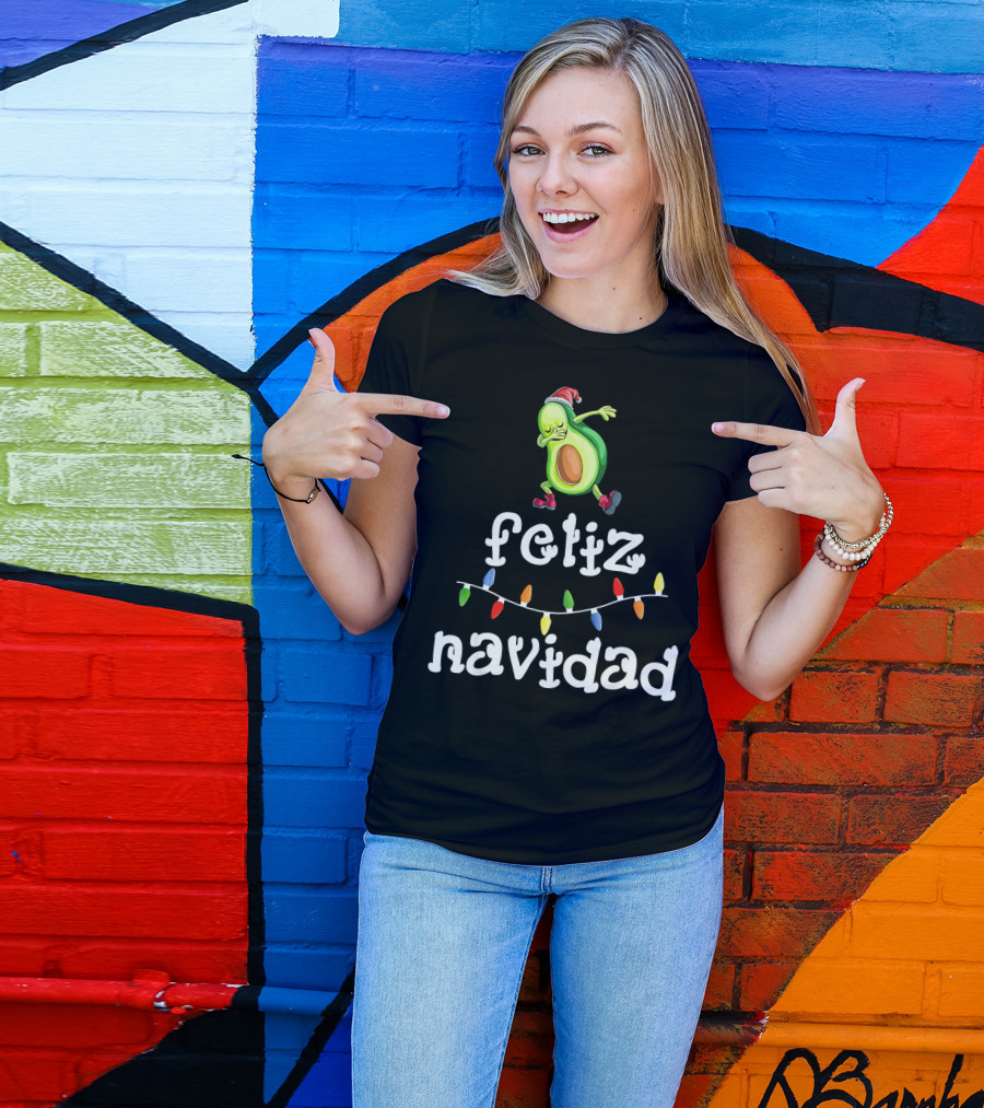 Feliz Navidad Avocado Dabbing With Christmas Lights T-Shirt