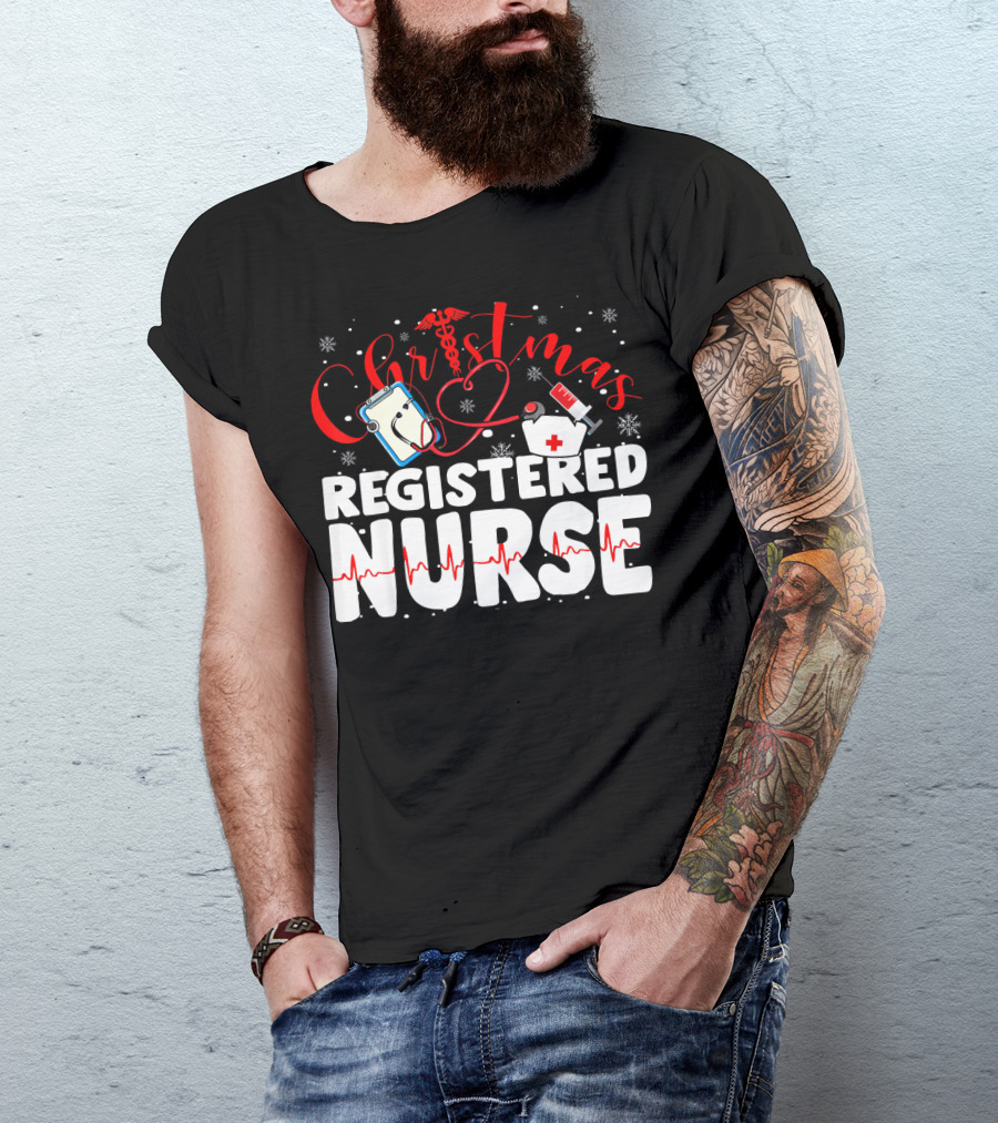 Christmas Registered Nurse With Medical Icons And Heartbeat T-Shirt