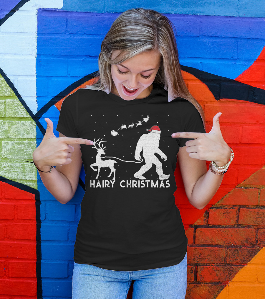 Hairy Christmas Bigfoot Santa Reindeer Snow Scene T-Shirt