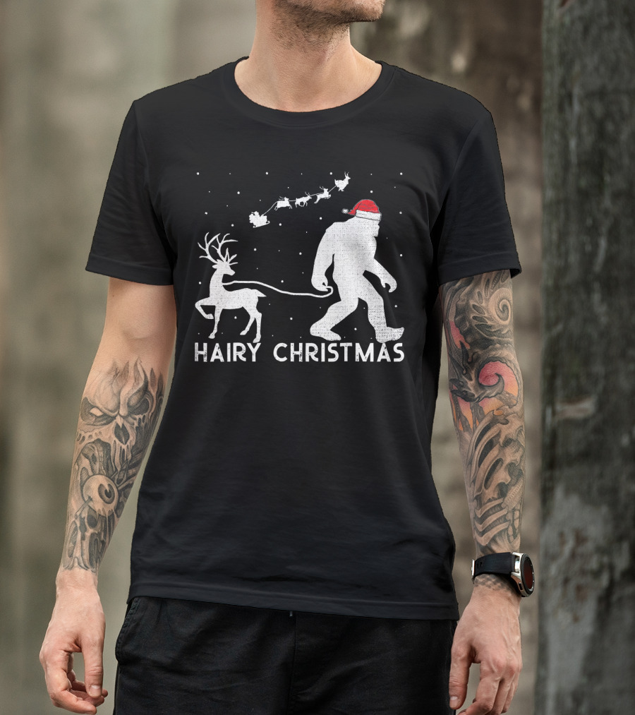 Hairy Christmas Bigfoot Santa Reindeer Snow Scene T-Shirt
