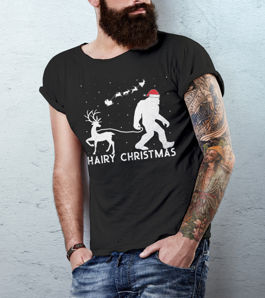 Hairy Christmas Bigfoot Santa Reindeer Snow Scene T-Shirt