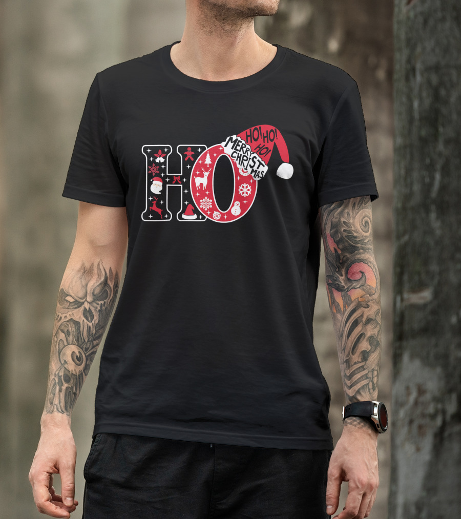 HO HO HO Merry Christmas Santa Hat Snowflakes T-Shirt
