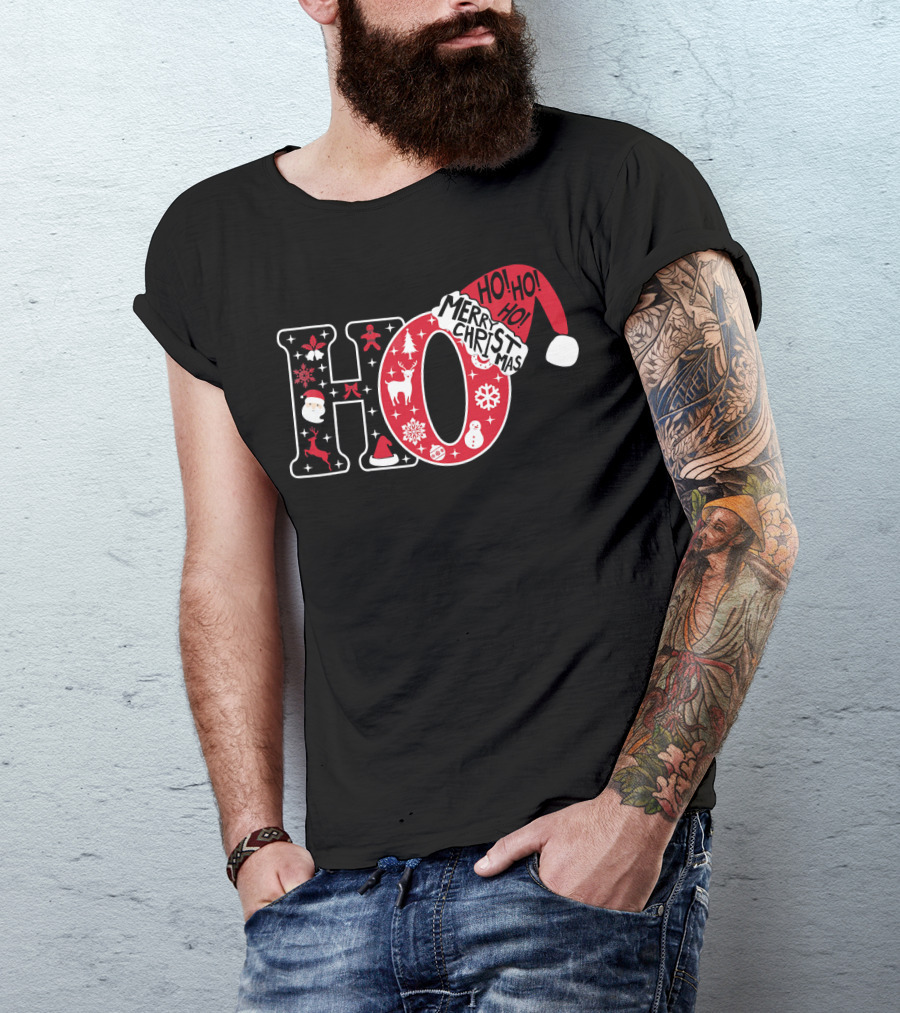 HO HO HO Merry Christmas Santa Hat Snowflakes T-Shirt
