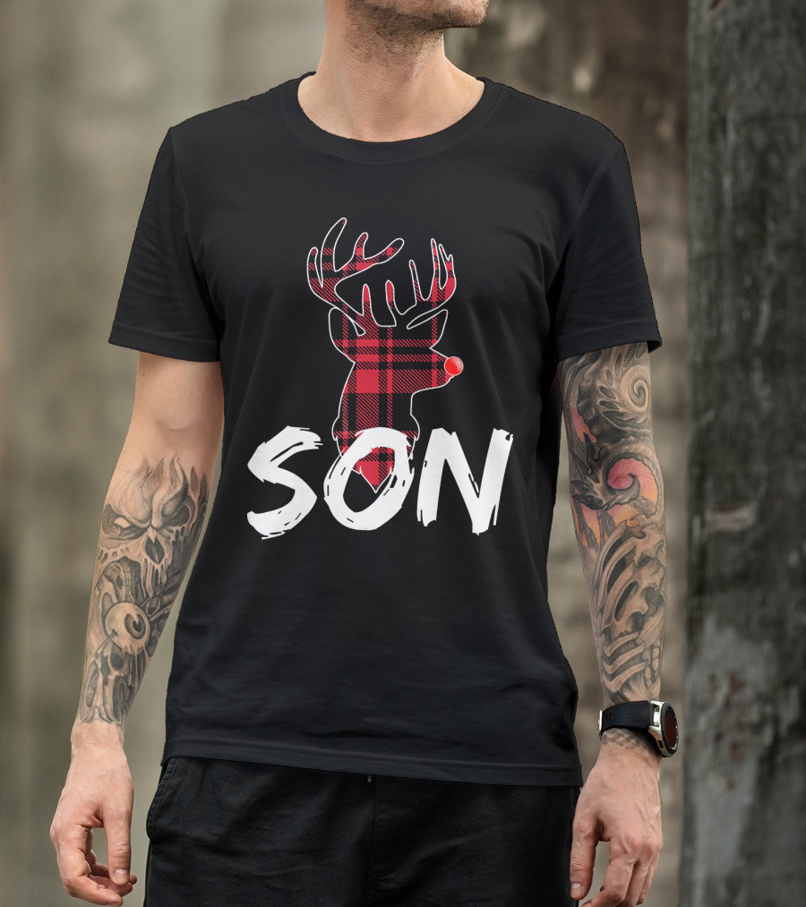 Son Family Matching Christmas Red Plaid Reindeer T-Shirt