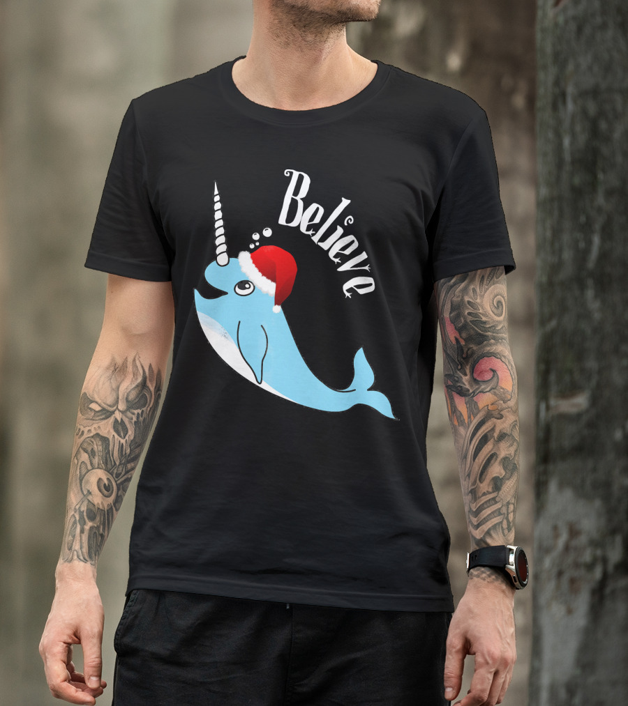 Believe Narwhal Christmas Cute Unicorn Santa Hat T-Shirt