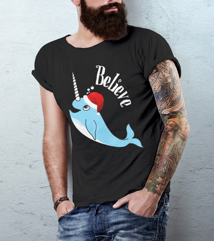 Believe Narwhal Christmas Cute Unicorn Santa Hat T-Shirt