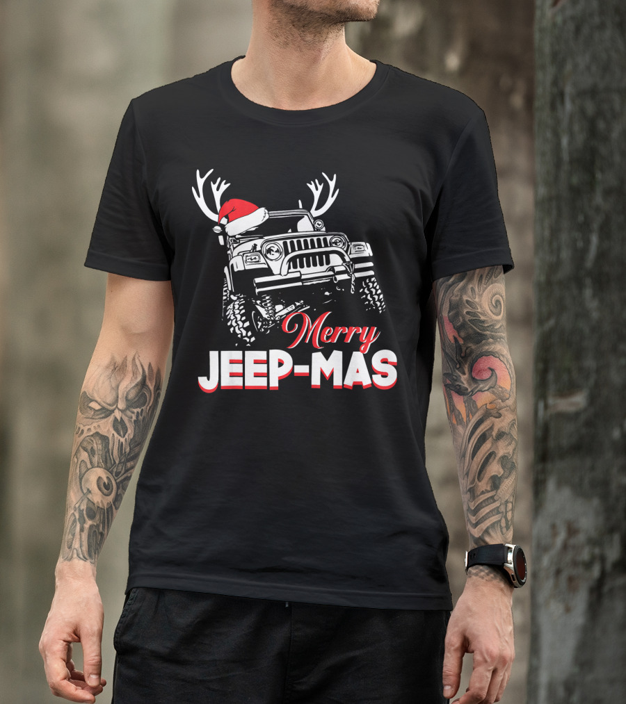 Merry Jeep-Mas Funny Jeep With Santa Hat And Reindeer Antlers T-Shirt