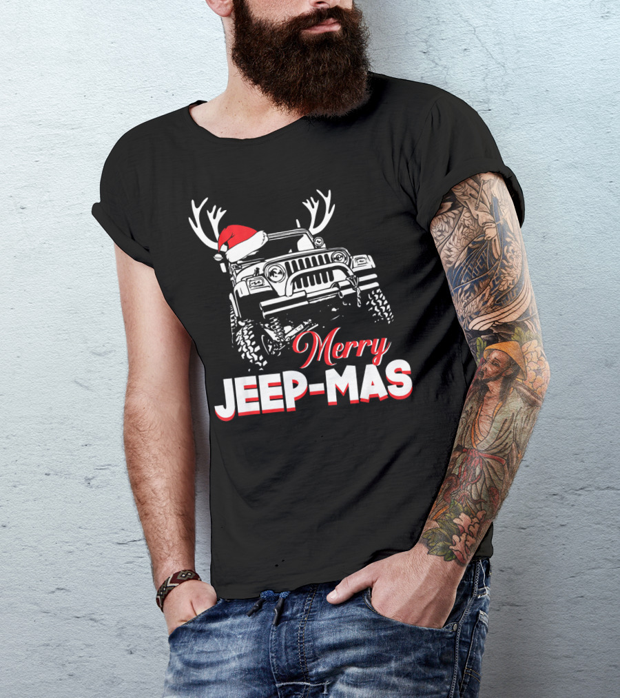 Merry Jeep-Mas Funny Jeep With Santa Hat And Reindeer Antlers T-Shirt