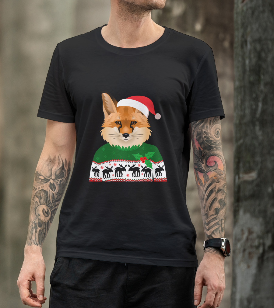 Long Sleeve Fox Ugly Christmas Sweater Santa Hat T-Shirt