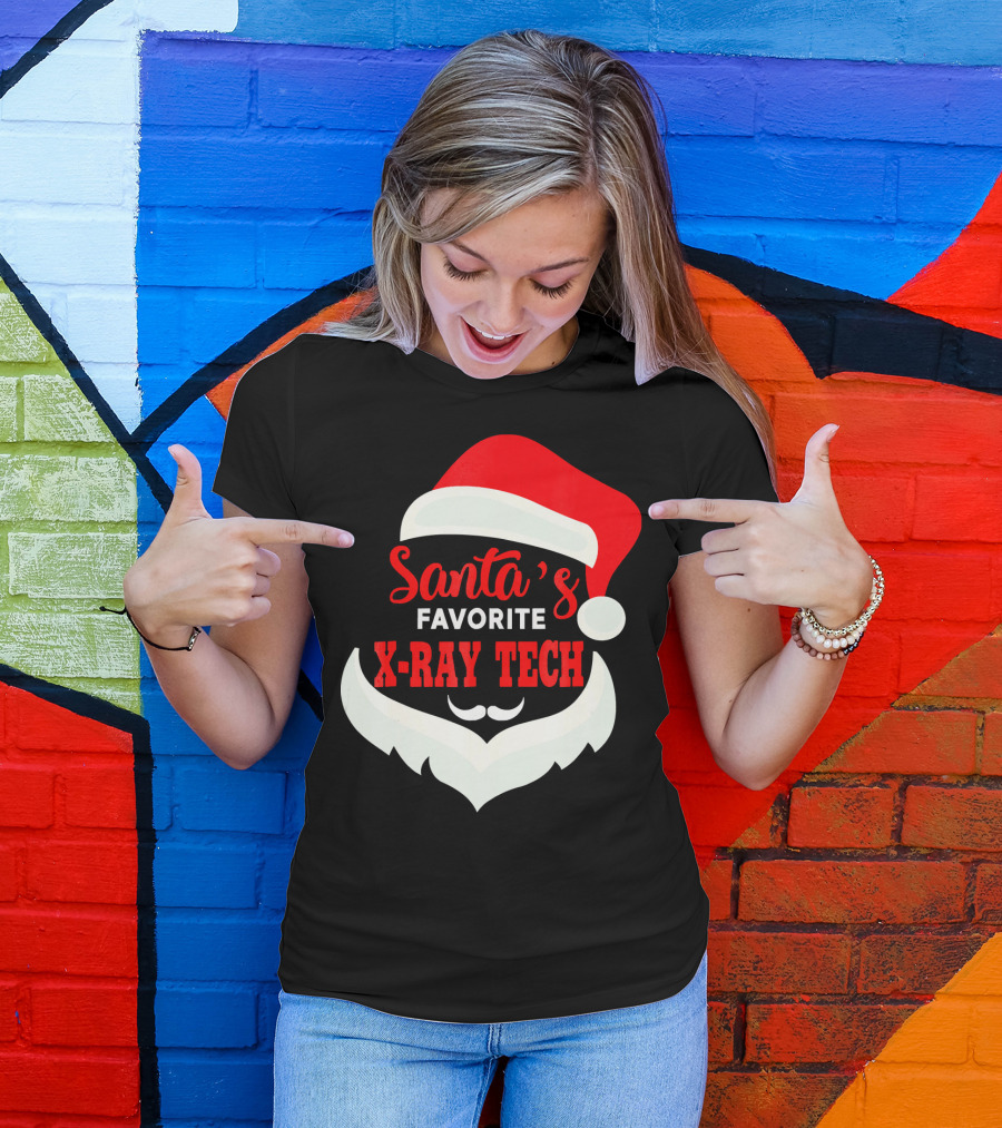 Santa's Favorite X-Ray Tech Christmas Santa Hat And Beard T-Shirt