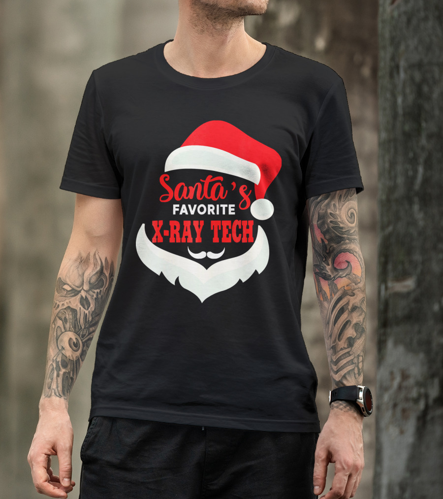 Santa's Favorite X-Ray Tech Christmas Santa Hat And Beard T-Shirt