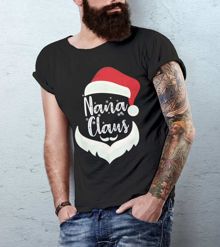 Nana Claus Santa Hat Beard Snowflakes T-Shirt