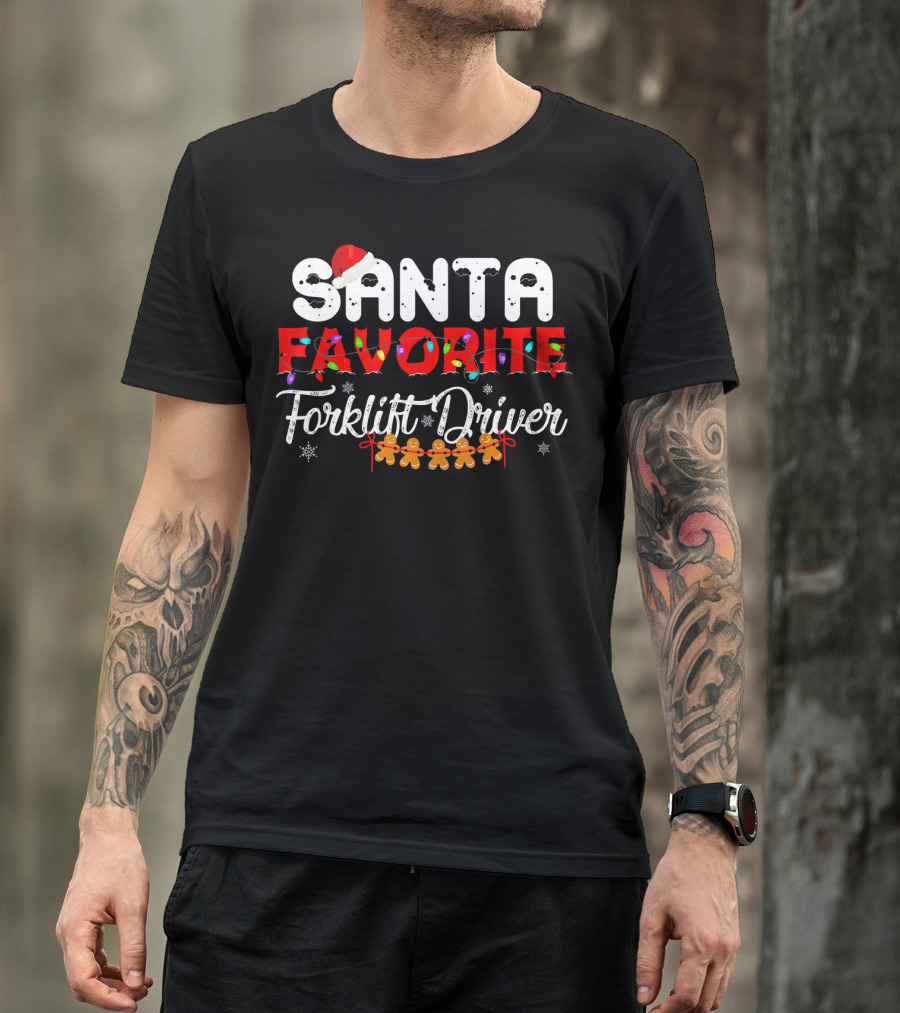Santas Favorite Forklift Driver Christmas Gingerbread Lights T-Shirt