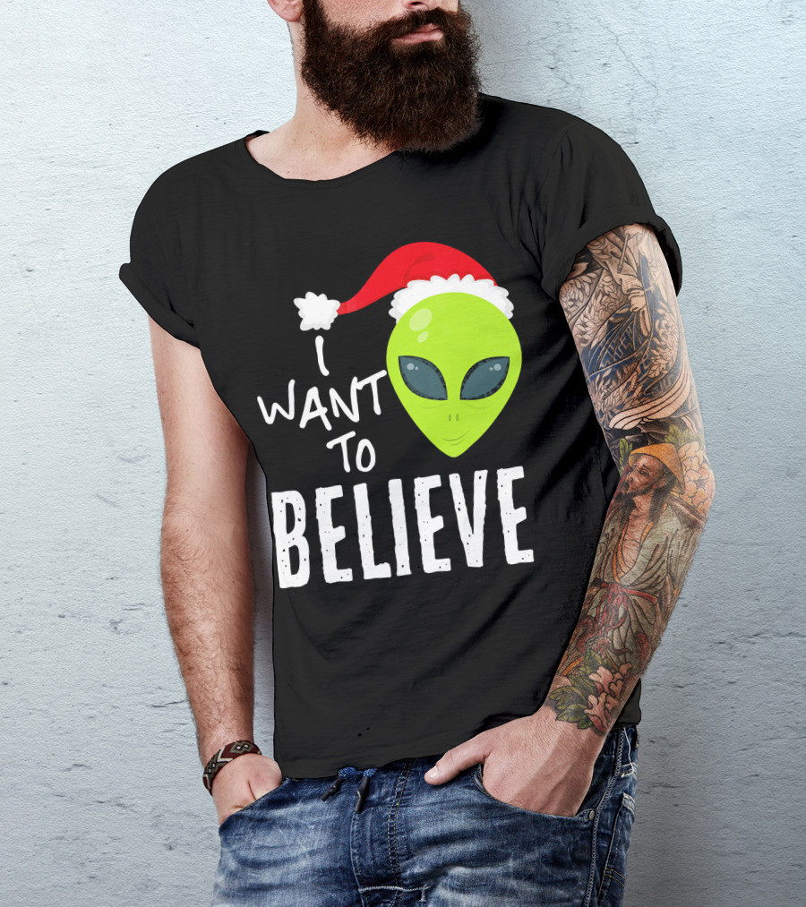 I Want To Believe Alien Santa Hat Christmas UFO T-Shirt