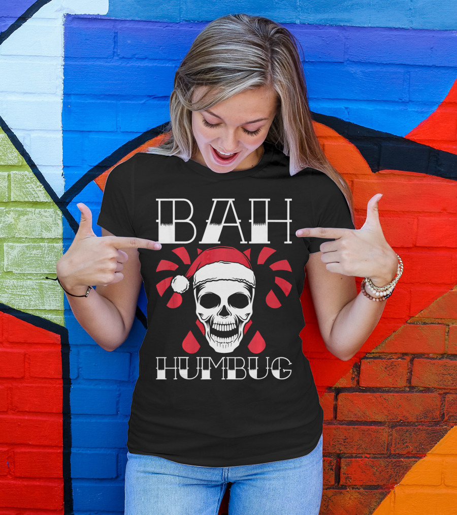 Bah Humbug Skull With Xmas Hat And Candy Canes T-Shirt