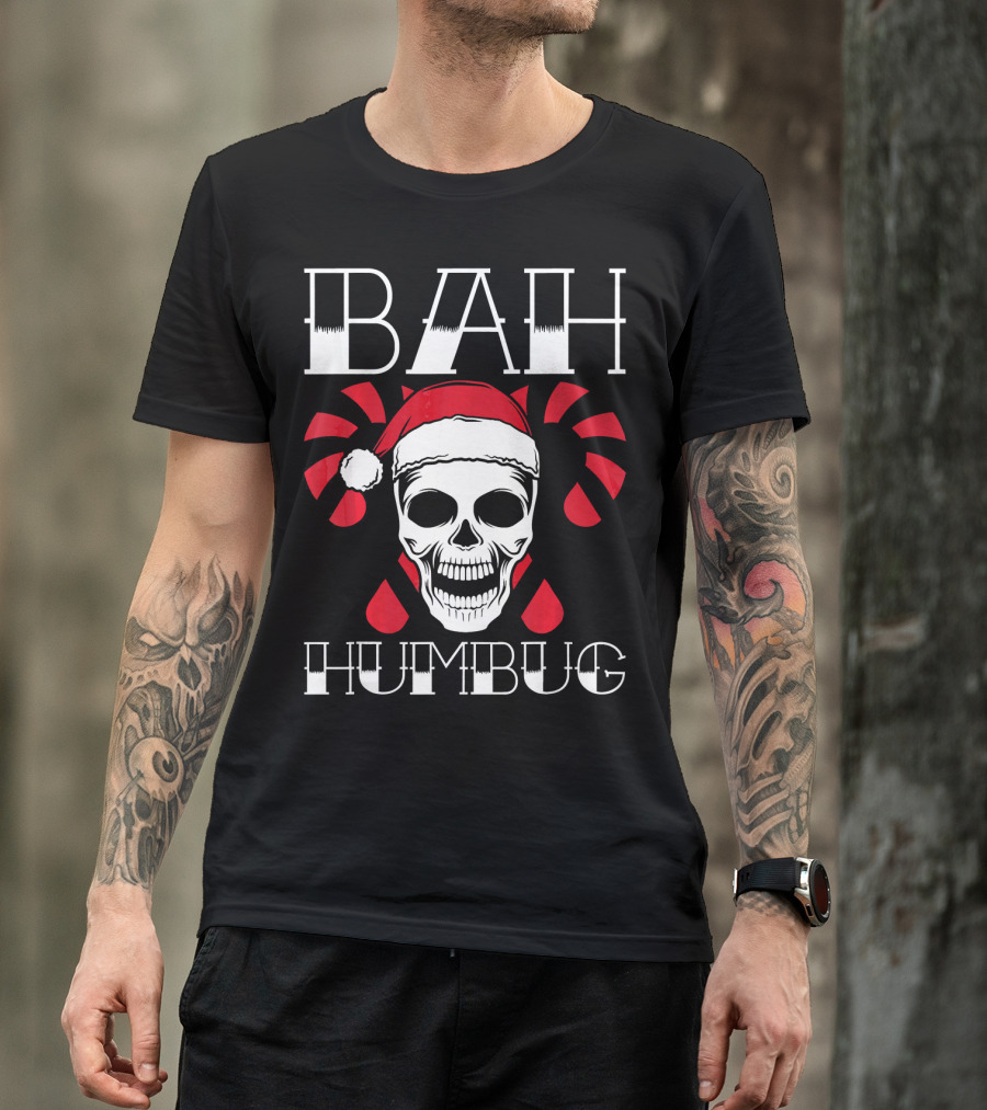Bah Humbug Skull With Xmas Hat And Candy Canes T-Shirt