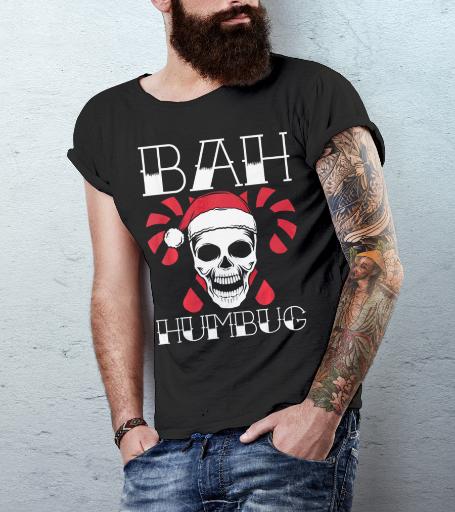 Bah Humbug Skull With Xmas Hat And Candy Canes T-Shirt