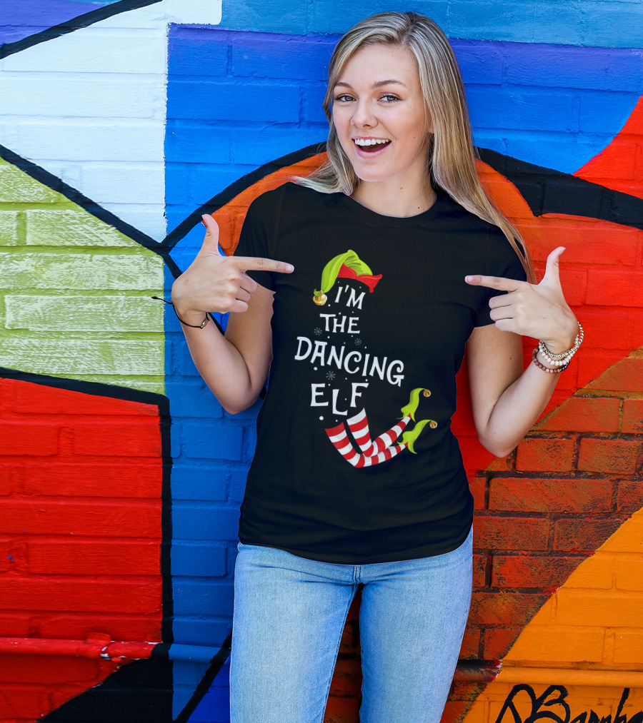I'm The Dancing Elf Christmas Striped Stockings And Festive Hat T-Shirt