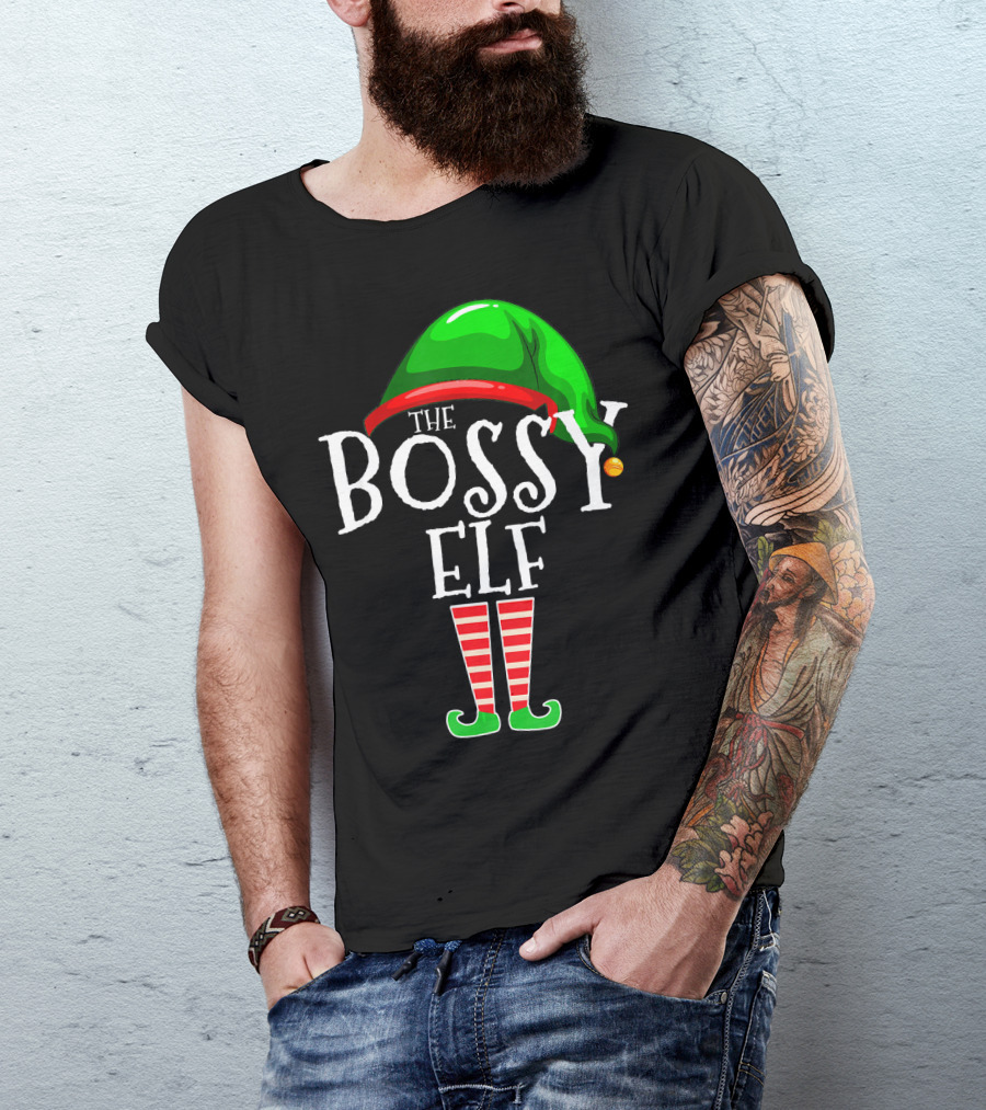 The Bossy Elf Green Hat Red Striped Legs T-Shirt