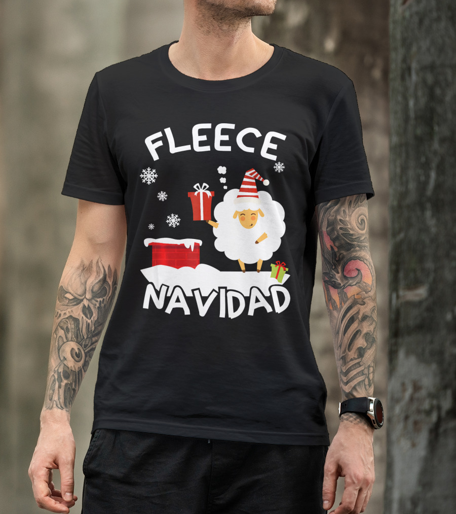 Fleece Navidad Sheep With Santa Hat And Gift Chimney Snowflakes T-Shirt