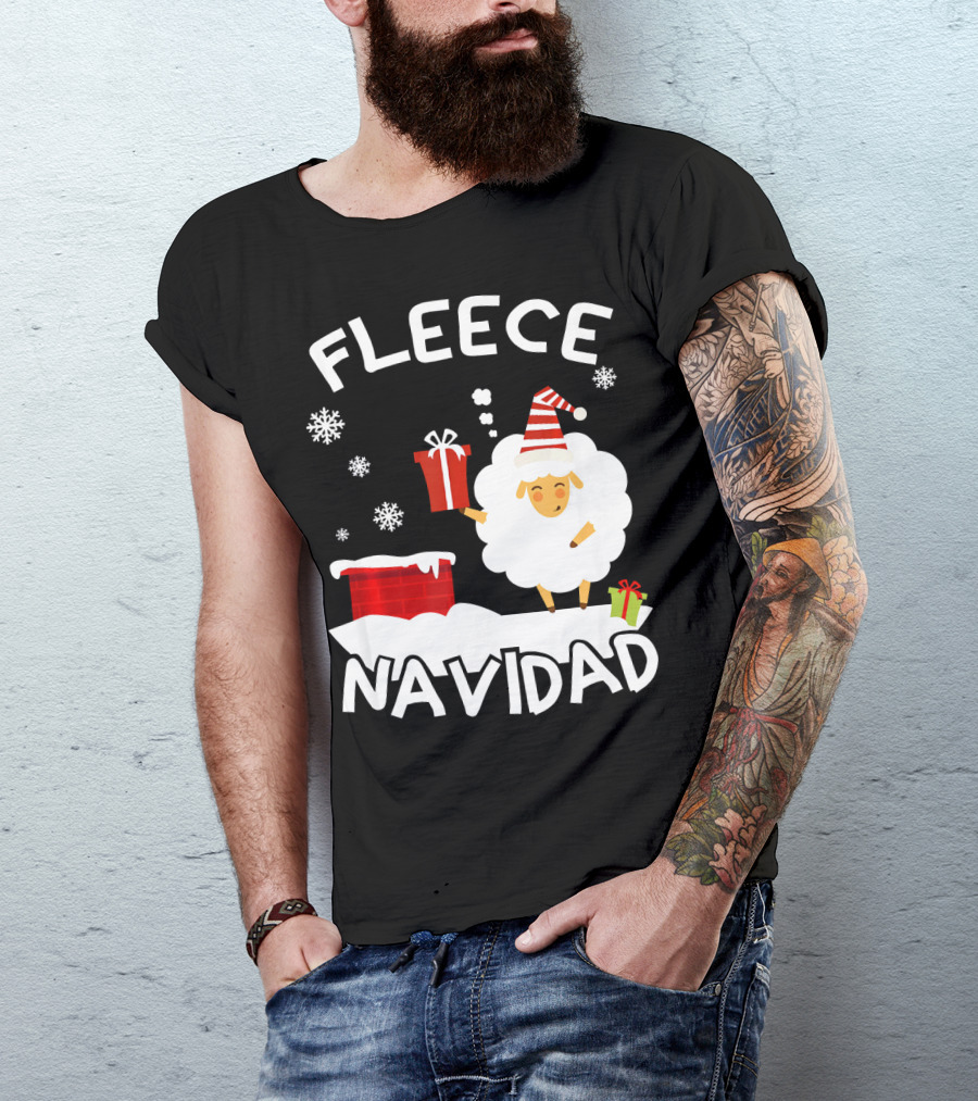 Fleece Navidad Sheep With Santa Hat And Gift Chimney Snowflakes T-Shirt
