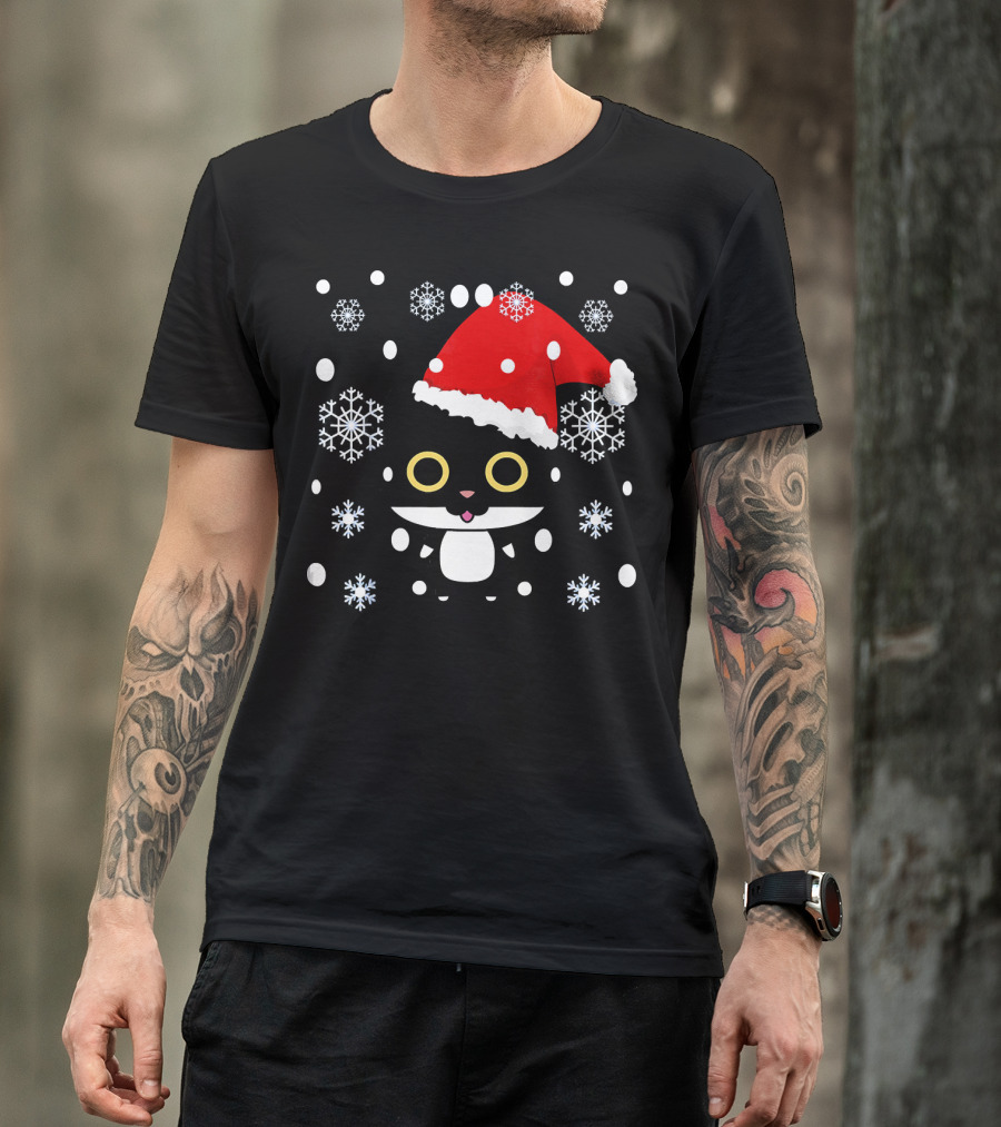 Cute Kawaii Cat With Santa Hat And Snowflakes Christmas T-Shirt