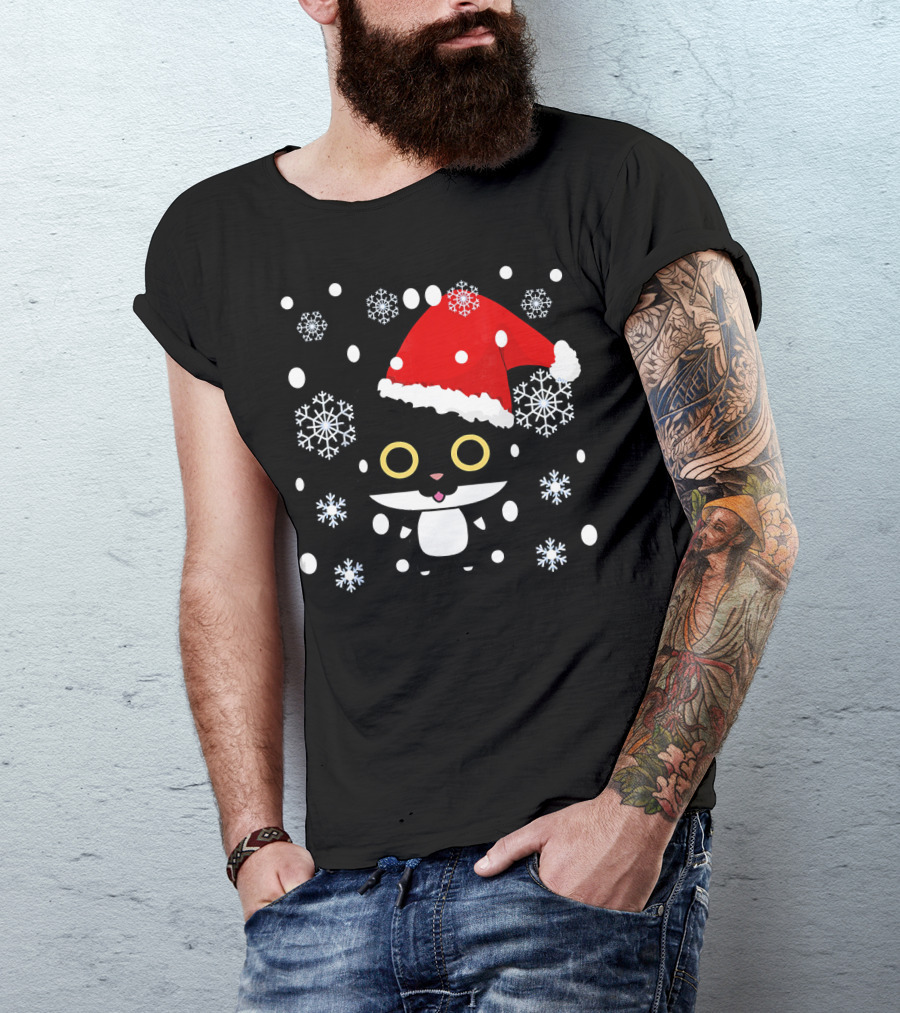 Cute Kawaii Cat With Santa Hat And Snowflakes Christmas T-Shirt