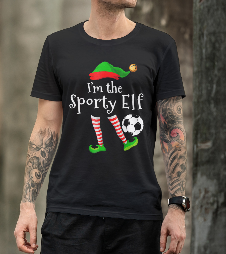 I'm The Sporty Elf Soccer Player Festive Holiday Striped Socks And Green Shoes With Soccer Ball T-Shirt