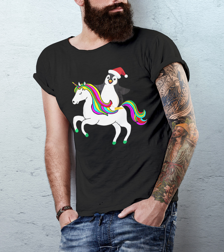 Penguin In Santa Hat Riding A Rainbow Unicorn T-Shirt