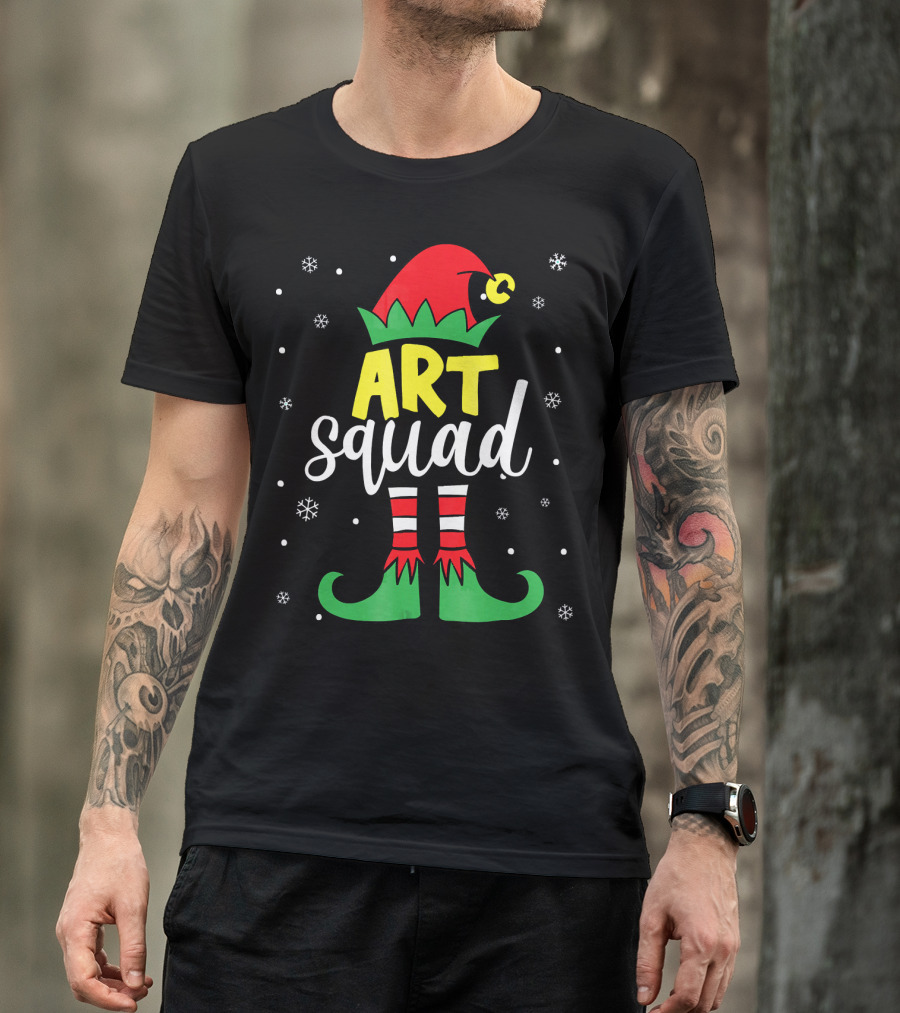 Art Squad Elf Christmas Teacher Snowflakes T-Shirt