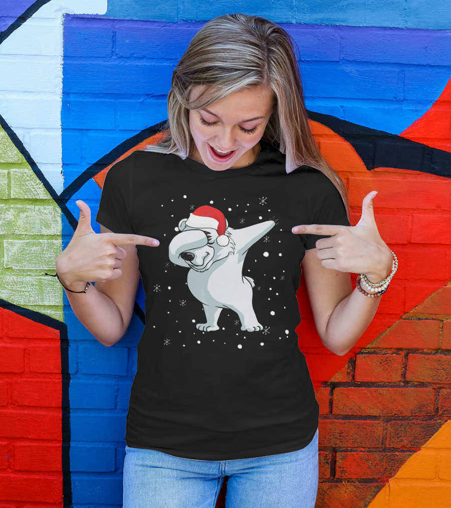 Santa Hat Dabbing Polar Bear Snowflakes T-Shirt