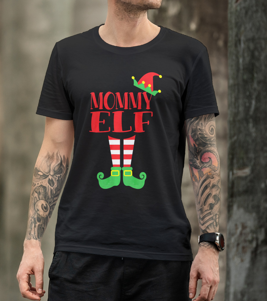 Mommy ELF Christmas Hat And Striped Socks Festive Season T-Shirt