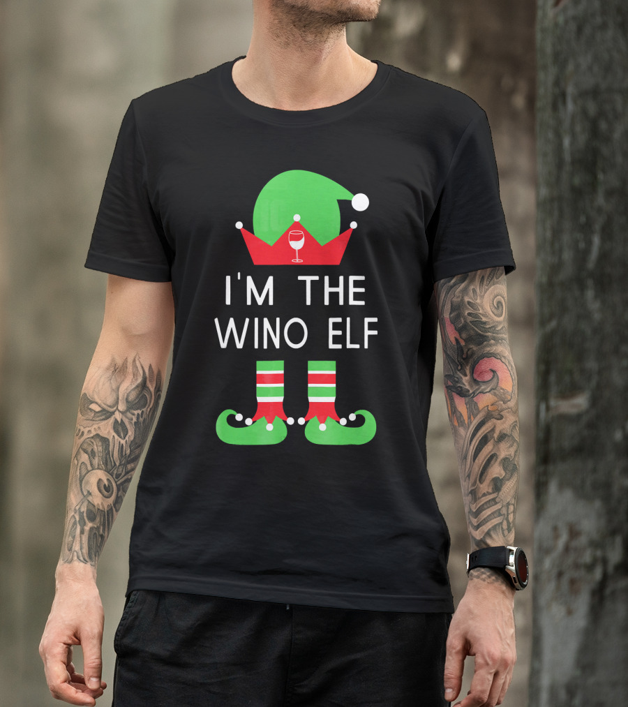 I'm The Wino Elf Funny Christmas Wine Green Red Hat And Striped Socks T-Shirt