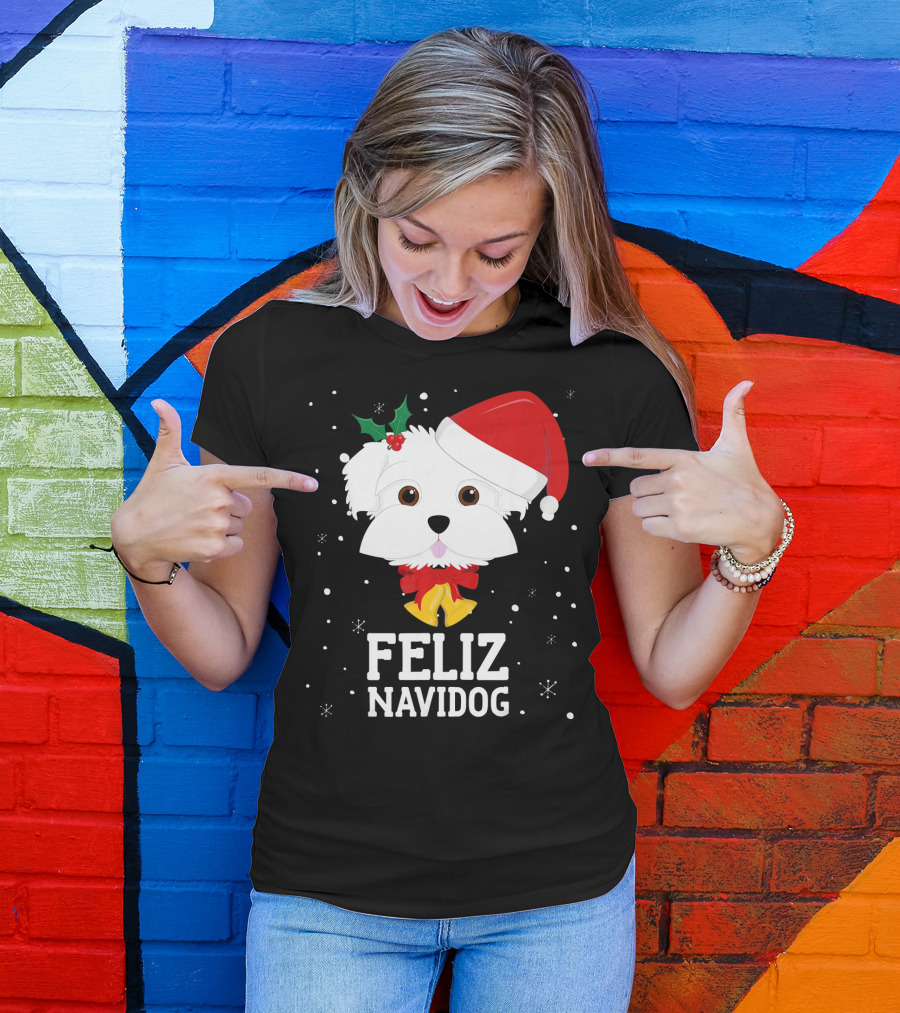 Feliz Navidog Christmas Dog In Santa Hat Maltese T-Shirt