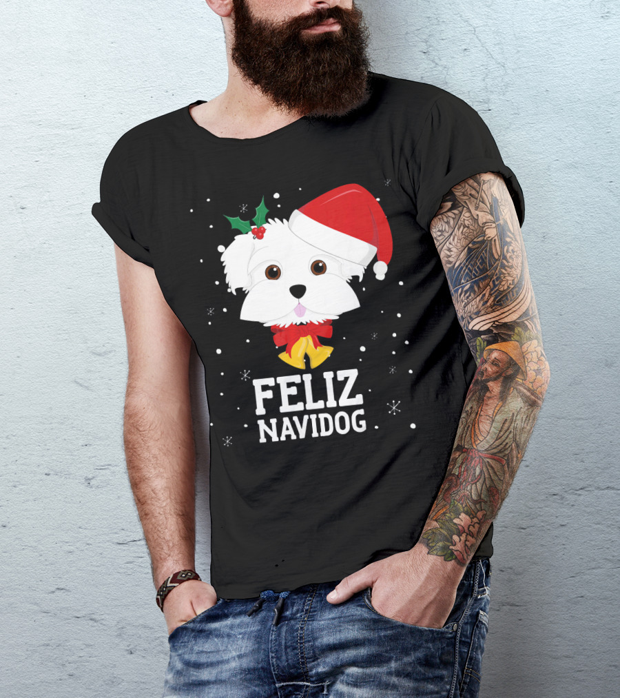 Feliz Navidog Christmas Dog In Santa Hat Maltese T-Shirt
