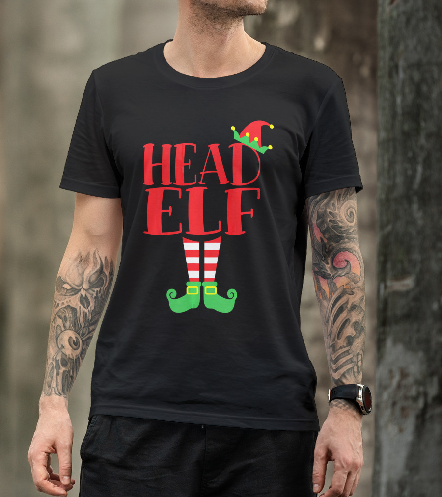 Head Elf Christmas Season Dad Hat Striped Red White Socks Green Shoes T-Shirt
