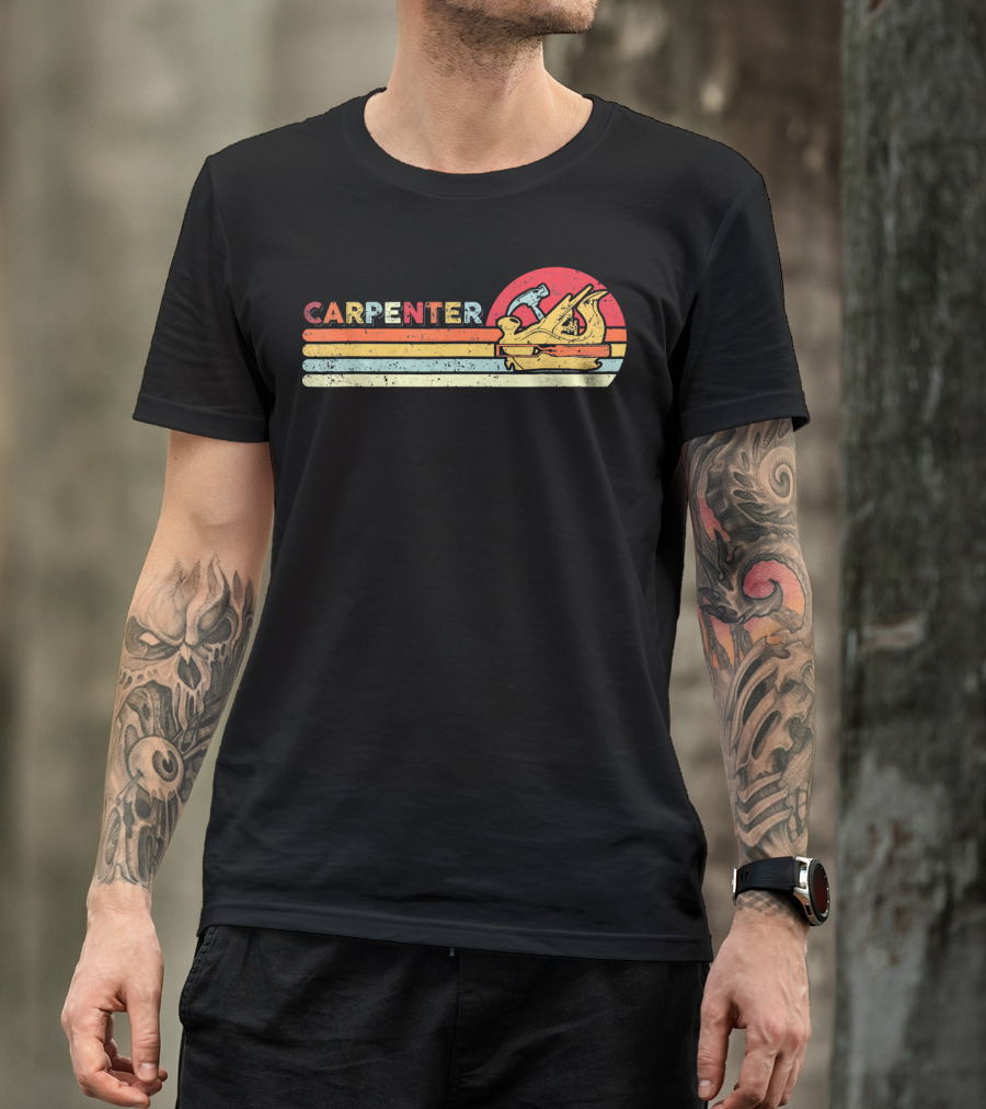 Carpenter Vintage Cool Carpenter Hammer Plane Retro Sun Stripes T-Shirt