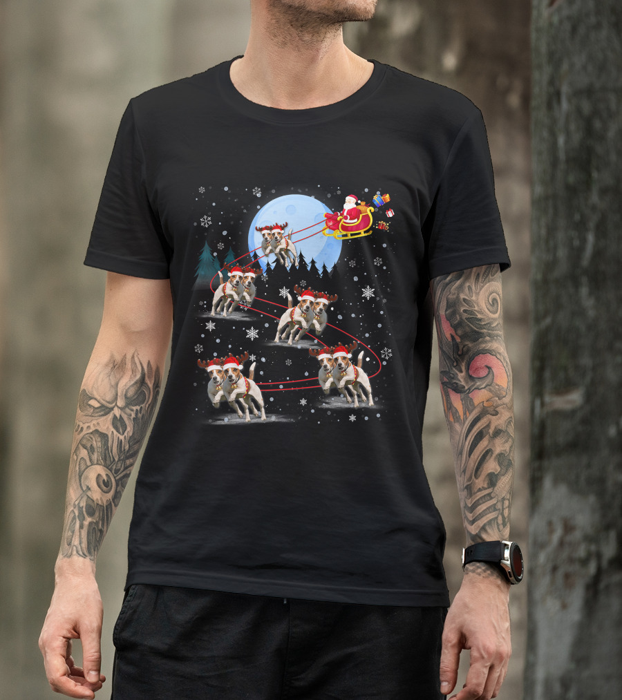 Jack Russell Reindeer Pulling Santa Sleigh Under Moonlit Snowfall T-Shirt