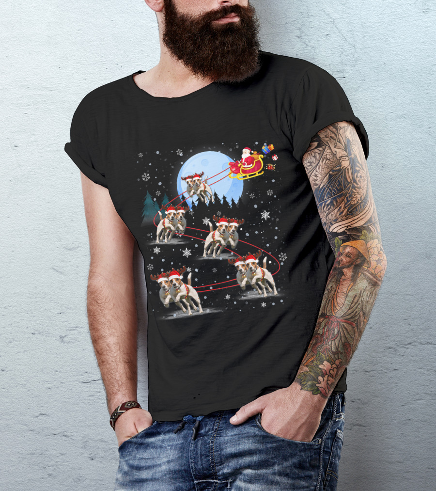 Jack Russell Reindeer Pulling Santa Sleigh Under Moonlit Snowfall T-Shirt