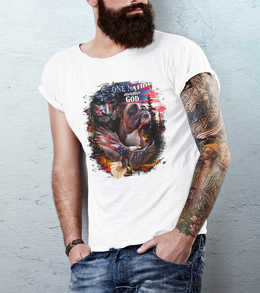 One Nation Under God Boxer With American Eagle And Flag Iconography T-Shirt