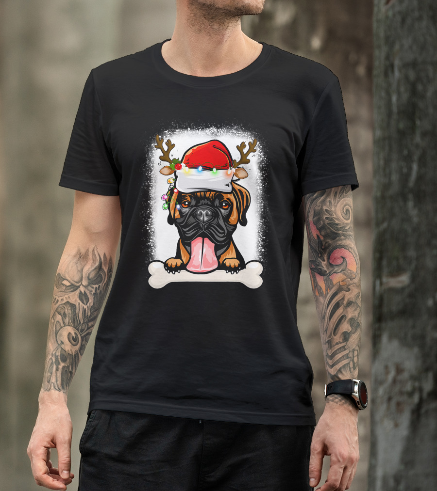 Boxer Dog With Santa Hat And Antlers Holding A Bone With Christmas Lights T-Shirt