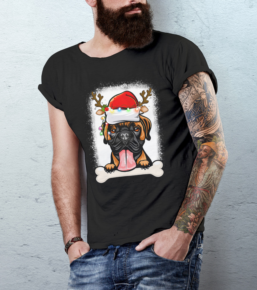 Boxer Dog With Santa Hat And Antlers Holding A Bone With Christmas Lights T-Shirt