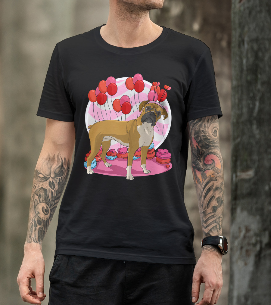 Boxer Dog With Heart Antlers And Balloons Valentine Decor T-Shirt